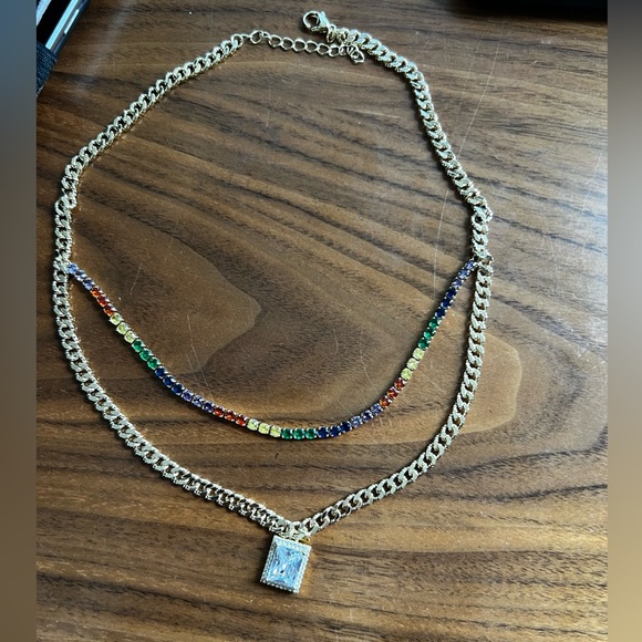 New 18K Gold Plated and Multicolor CZ Stones Two-Layer Necklace. - Picture 2 of 2